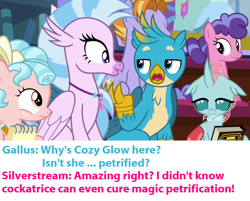 Size: 1280x1030 | Tagged: safe, edit, edited screencap, screencap, character:auburn vision, character:berry blend, character:berry bliss, character:cozy glow, character:gallus, character:ocellus, character:silverstream, species:changedling, episode:a matter of principals, episode:student counsel, episode:the ending of the end, g4, my little pony: friendship is magic, leak, a better ending for cozy, discovery family logo, friendship student, implied edith