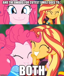Size: 500x592 | Tagged: safe, edit, edited screencap, screencap, character:pinkie pie, character:sunset shimmer, episode:wake up!, g4, my little pony: equestria girls, my little pony:equestria girls, spoiler:eqg series (season 2), cute, hug, smiley face, wake up!: pinkie pie