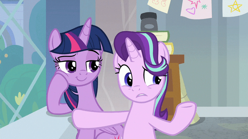 Size: 832x468 | Tagged: safe, edit, edited screencap, screencap, character:starlight glimmer, character:twilight sparkle, character:twilight sparkle (alicorn), species:alicorn, species:pony, species:unicorn, episode:a horse shoe-in, g4, my little pony: friendship is magic, animated, cute, duo, duo female, female, gif, hoof on cheek, listening, loop, reversed, school of friendship, talking