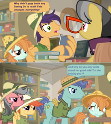Size: 1600x1794 | Tagged: safe, edit, edited screencap, screencap, character:a.k. yearling, character:peach fuzz, species:pony, episode:daring doubt, g4, my little pony: friendship is magic, angry, book, bookshelf, clothing, comic, dialogue, fake wings, fans, female, filly, glasses, hat, library, nerd rage, pith helmet, screencap comic, shelf, shirt, speech bubble, upset