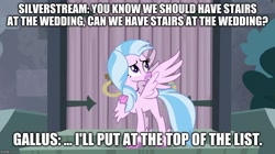 Size: 888x499 | Tagged: safe, edit, edited screencap, screencap, character:gallus, character:silverstream, species:classical hippogriff, species:hippogriff, ship:gallstream, episode:school daze, g4, my little pony: friendship is magic, caption, female, image macro, implied gallus, male, marriage, planning, shipping, solo, straight, text, wedding