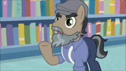 Size: 854x480 | Tagged: safe, edit, edited screencap, screencap, character:doctor caballeron, species:earth pony, species:pony, episode:daring doubt, g4, my little pony: friendship is magic, animated, beauty (goodtimes), beauty and the beast, beauty and the beast (goodtimes), clothing, disguise, fake beard, flat cap, groom q.q. martingale, hat, male, phelous, sound, stallion, webm