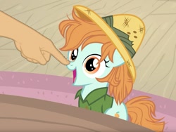 Size: 1249x937 | Tagged: safe, edit, edited screencap, screencap, character:peach fuzz, episode:daring doubt, g4, my little pony: friendship is magic, boop, boop edit, cropped, disembodied hand, finger, food, hand, offscreen character, peach, solo focus