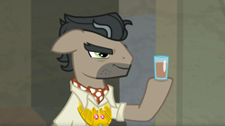 Size: 1920x1080 | Tagged: safe, edit, edited screencap, screencap, character:doctor caballeron, species:earth pony, species:pony, episode:daring doubt, g4, my little pony: friendship is magic, caballeron's item, chocolate, chocolate milk, everything is ruined, floppy ears, food, glass, male, meme, milk, pure unfiltered evil, smiling, solo, stallion, this will end in spilled milk