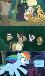 Size: 1600x2666 | Tagged: safe, edit, edited screencap, screencap, character:biff, character:doctor caballeron, character:fluttershy, character:rainbow dash, character:rogue, character:withers, species:pony, species:puma, episode:daring doubt, g4, my little pony: friendship is magic, ahuizotl's cats, big cat, bush, cheetah, comic, dialogue, flying, henchmen, kitten, screencap comic, smiling, speech bubble, worried