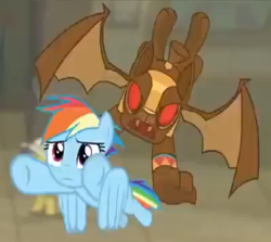 Size: 970x864 | Tagged: safe, edit, edited screencap, screencap, character:daring do, character:rainbow dash, species:gargoyle, species:pony, episode:daring doubt, g4, my little pony: friendship is magic, blurred background, cropped, female, flying, gargoyle guard, guardian, guardiangoyle, male