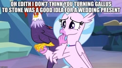 Size: 888x499 | Tagged: safe, edit, edited screencap, screencap, character:edith, character:silverstream, species:classical hippogriff, species:cockatrice, species:hippogriff, episode:student counsel, caption, cartoonito logo, female, image macro, implied gallstream, implied gallus, jewelry, marriage, necklace, red eyes, text, treehouse of harmony, wedding
