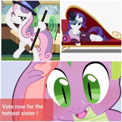 Size: 2896x2896 | Tagged: safe, edit, edited screencap, screencap, character:rarity, character:spike, character:sweetie belle, species:pony, species:unicorn, episode:growing up is hard to do, episode:rarity investigates, g4, my little pony: friendship is magic, cane, comparison, fainting couch, female, male, older, older sweetie belle, sweat, sweating profusely, voting