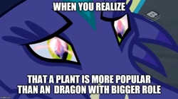 Size: 888x499 | Tagged: safe, edit, edited screencap, screencap, character:gaius, species:dragon, episode:a horse shoe-in, episode:the hearth's warming club, g4, my little pony: friendship is magic, bloodstone scepter, boomerang (tv channel), caption, image macro, male, meme, sad, text, trap