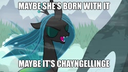 Size: 1920x1080 | Tagged: safe, edit, edited screencap, screencap, character:queen chrysalis, species:changeling, episode:frenemies, g4, my little pony: friendship is magic, caption, changeling queen, eyes closed, female, image macro, majestic as fuck, maybelline (brand), mountain, open mouth, snow, text, wind