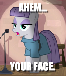 Size: 459x530 | Tagged: safe, edit, edited screencap, screencap, character:maud pie, episode:the maud couple, g4, my little pony: friendship is magic, caption, cropped, female, image macro, joke, oof, roasted, solo, text, your face