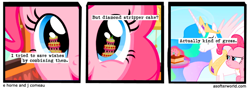 Size: 720x261 | Tagged: safe, edit, edited screencap, screencap, character:pinkie pie, character:princess celestia, episode:mmmystery on the friendship express, g4, my little pony: friendship is magic, a softer world, cake, comic, duo, food, marzipan mascarpone meringue madness