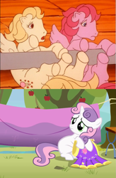 Size: 709x1078 | Tagged: safe, edit, edited screencap, screencap, character:heart throb, character:lofty, character:sweetie belle, species:pegasus, species:pony, species:unicorn, episode:bright lights, episode:the show stoppers, g1, g4, my little pony 'n friends, my little pony: friendship is magic, animation error, apple, apple tree, clothes line, clothing, cropped, female, filly, five legs, foal, food, g1 to g4, generation leap, great moments in animation, literal fifth leg, mare, mousetrap, not a penis, sweetie fail, tree