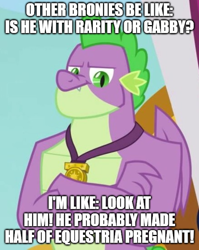 Size: 500x628 | Tagged: safe, edit, edited screencap, screencap, character:spike, species:dragon, episode:the last problem, g4, my little pony: friendship is magic, caption, cropped, gigachad spike, image macro, implied gabby, implied pregnancy, implied rarity, implied shipping, implied spabby, implied sparity, implied straight, male, meme, older, older spike, royal advisor, spike gets all the mares, text, winged spike
