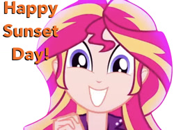 Size: 1024x768 | Tagged: safe, edit, edited screencap, screencap, character:sunset shimmer, episode:pet project, eqg summertime shorts, g4, my little pony: equestria girls, my little pony:equestria girls, cute, shimmerbetes, simple background, smiling, sunset shimmer day, text, white background