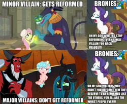 Size: 1166x955 | Tagged: safe, edit, edited screencap, screencap, character:ahuizotl, character:cozy glow, character:fluttershy, character:lord tirek, character:queen chrysalis, character:rarity, episode:a dog and pony show, episode:daring doubt, episode:the beginning of the end, episode:the ending of the end, g4, my little pony: friendship is magic, leak, brony stereotype, reformed, whining