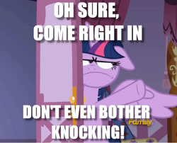 Size: 677x548 | Tagged: safe, edit, edited screencap, screencap, character:twilight sparkle, character:twilight sparkle (alicorn), species:alicorn, species:pony, episode:fame and misfortune, g4, my little pony: friendship is magic, annoyed, caption, cropped, door, female, floppy ears, image macro, solo, text
