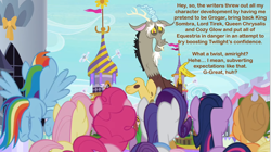 Size: 2007x1125 | Tagged: safe, edit, edited screencap, screencap, character:applejack, character:discord, character:fluttershy, character:pinkie pie, character:rainbow dash, character:rarity, character:twilight sparkle, character:twilight sparkle (alicorn), species:alicorn, species:pony, episode:the ending of the end, g4, my little pony: friendship is magic, canterlot, caption, discord drama, image macro, it was at this moment that he knew he fucked up, mane six, nervous, shrug, subverting expectations, text