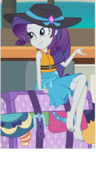 Size: 480x854 | Tagged: safe, edit, screencap, character:rarity, episode:the salty sails, g4, my little pony: equestria girls, my little pony:equestria girls, barefoot, clothing, cropped, crossed legs, feet, female, hat, legs, lifejacket, nail polish, sarong, sexy, solo, sun hat, swimsuit, toenail polish, toenails