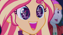 Size: 600x338 | Tagged: safe, edit, edited screencap, screencap, character:sunset shimmer, character:twilight sparkle, character:twilight sparkle (scitwi), species:eqg human, ship:scitwishimmer, ship:sunsetsparkle, equestria girls:forgotten friendship, equestria girls:sunset's backstage pass, g4, my little pony: equestria girls, my little pony:equestria girls, spoiler:eqg series (season 2), backstage pass, clothing, cute, eye reflection, female, fry lilac, happy, lesbian, logo, reflection, shimmerbetes, shipping, smiling, swimsuit, twiabetes, wide eyes