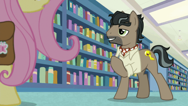 Size: 640x360 | Tagged: safe, edit, edited screencap, screencap, character:doctor caballeron, character:fluttershy, species:pony, episode:daring doubt, g4, my little pony: friendship is magic, animated, book, bookshelf, clothing, reversed, saddle bag