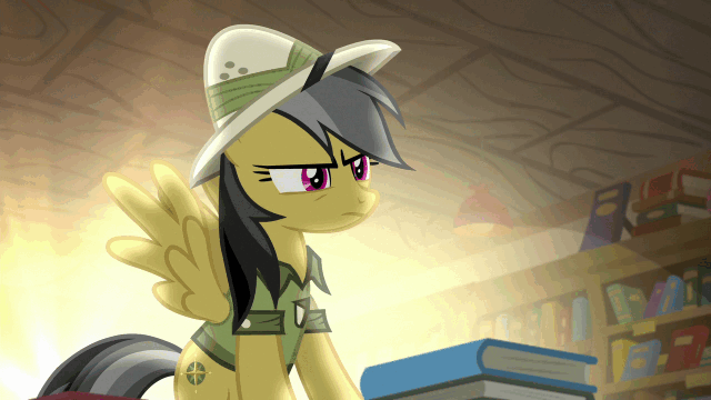 Size: 640x360 | Tagged: safe, edit, edited screencap, screencap, character:daring do, species:pony, episode:daring doubt, g4, my little pony: friendship is magic, animated, book, bookshelf, clothing, glasses, hat, reversed