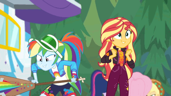 Size: 600x338 | Tagged: safe, edit, edited screencap, screencap, character:applejack, character:fluttershy, character:rainbow dash, character:sunset shimmer, character:twilight sparkle, character:twilight sparkle (scitwi), species:eqg human, equestria girls:sunset's backstage pass, g4, my little pony: equestria girls, my little pony:equestria girls, spoiler:eqg series (season 2), accidental innuendo, accidental spanking, animated, backstage pass, grin, happy, logo, loop, out of context, paddle, rainbow dash's paddle, reversed, smiling
