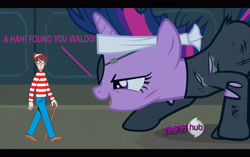 Size: 3748x2351 | Tagged: safe, edit, edited screencap, screencap, character:twilight sparkle, species:pony, episode:it's about time, g4, my little pony: friendship is magic, dialogue, eyepatch, funny, future twilight, hub logo, sneaking suit, where's waldo