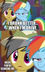 Size: 500x801 | Tagged: safe, edit, edited screencap, screencap, character:daring do, character:rainbow dash, species:pegasus, species:pony, episode:stranger than fanfiction, bad idea, caption, comic, concerned, drunk, drunk driving, drunker dash, funny, meme, robot chicken, tempting fate, this will end in death, this will end in jail time, this will end in tears, this will end in tears and/or death