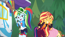 Size: 1280x720 | Tagged: safe, edit, edited screencap, screencap, character:applejack, character:fluttershy, character:rainbow dash, character:sunset shimmer, character:twilight sparkle, character:twilight sparkle (scitwi), species:eqg human, equestria girls:sunset's backstage pass, g4, my little pony: equestria girls, my little pony:equestria girls, spoiler:eqg series (season 2), accidental innuendo, accidental spanking, animated, applejack's festival hat, backstage pass, clothing, cute, dashabetes, embarrassed, female, geode of empathy, grin, happy, hat, jacket, magical geodes, outdoors, paddle, rainbow dash's paddle, rv, shorts, smiling, visor