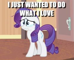 Size: 681x549 | Tagged: safe, edit, edited screencap, screencap, character:rarity, episode:rarity takes manehattan, g4, my little pony: friendship is magic, breakdown, caption, cropped, floppy ears, image macro, teary eyes, text