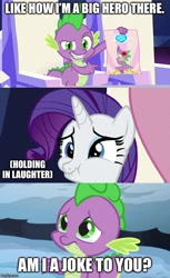 Size: 500x819 | Tagged: safe, edit, edited screencap, screencap, character:rarity, character:spike, species:dragon, species:pony, species:unicorn, episode:the crystalling, episode:the times they are a changeling, g4, my little pony: friendship is magic, am i a joke to you?, chuckle, funny, giggling, go to sleep garble, meme, sad, shitposting, smiling, smirk, smug, spikeabuse