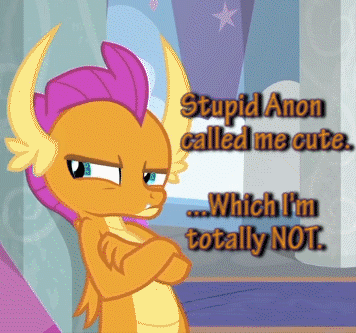 Size: 356x333 | Tagged: safe, edit, edited screencap, screencap, character:smolder, species:dragon, episode:school daze, g4, my little pony: friendship is magic, angry, animated, blatant lies, cropped, crossed arms, cute, denial's not just a river in egypt, dragoness, female, gif, i'm not cute, implied anon, meme, not helping your case, orange text, pouting, smolderbetes, smoldere, solo, sulking, teenaged dragon, teenager, text, tsundere