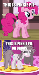 Size: 449x857 | Tagged: safe, edit, edited screencap, screencap, character:pinkamena diane pie, character:pinkie pie, episode:yakity-sax, g4, my little pony: friendship is magic, caption, cropped, female, image macro, implied drug use, not even once, solo, text