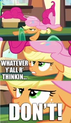 Size: 500x865 | Tagged: safe, edit, edited screencap, screencap, character:applejack, character:pinkie pie, species:earth pony, species:pony, episode:games ponies play, g4, my little pony: friendship is magic, asshat, balloonbutt, caption, comic, female, implied applepie, implied lesbian, implied shipping, mare