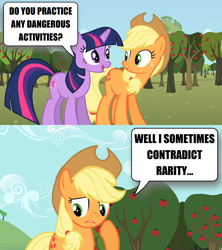 Size: 1280x1440 | Tagged: safe, edit, edited screencap, screencap, character:applejack, character:twilight sparkle, species:pony, apple, apple tree, dialogue, duo, implied rarity, pun, speech bubble, super speedy cider squeezy 6000, tree