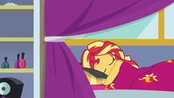 Size: 1280x720 | Tagged: safe, edit, edited screencap, screencap, character:sunset shimmer, episode:wake up!, g4, my little pony: equestria girls, my little pony:equestria girls, spoiler:eqg series (season 2), blanket, casual nudity, female, nudity, sleeping, sleeping in the nude, solo