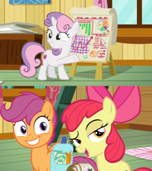Size: 1592x1790 | Tagged: safe, edit, edited screencap, screencap, character:apple bloom, character:scootaloo, character:sweetie belle, species:pegasus, species:pony, episode:growing up is hard to do, g4, my little pony: friendship is magic, carrot, chart, clubhouse, comic, crate, crusaders clubhouse, cutie mark crusaders, easel, excited, fancy mathematics, food, graph, grid, horseshoes, ladder, math, pie chart, saddle bag, screencap comic, smiling, smirk, snack, snacks, ticket, tickets
