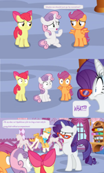 Size: 1600x2642 | Tagged: safe, edit, edited screencap, screencap, character:apple bloom, character:scootaloo, character:sweetie belle, species:pegasus, species:pony, episode:growing up is hard to do, g4, my little pony: friendship is magic, boutique, clothing, comic, curtains, cutie mark crusaders, dialogue, fabric, glasses, hat, mannequin, rolls, screencap comic, shocked, speech bubble, suit, top hat, unamused, window, yarn