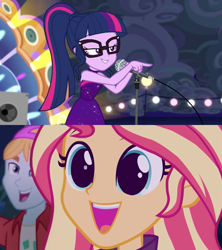 Size: 600x676 | Tagged: safe, edit, edited screencap, screencap, character:sunset shimmer, character:twilight sparkle, character:twilight sparkle (scitwi), species:eqg human, equestria girls:spring breakdown, equestria girls:sunset's backstage pass, g4, my little pony: equestria girls, my little pony:equestria girls, spoiler:eqg series (season 2), all good (song), backstage pass, beautiful, close-up, cute, eye reflection, fry lilac, glasses, happy, implied lesbian, implied shipping, implied sunsetsparkle, logo, microphone, reflection, sexy, shimmerbetes, singing, sleeveless, smiling, wide eyes