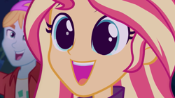 Size: 600x338 | Tagged: safe, edit, edited screencap, screencap, character:sunset shimmer, equestria girls:sunset's backstage pass, g4, my little pony: equestria girls, my little pony:equestria girls, spoiler:eqg series (season 2), backstage pass, beautiful, close-up, cute, eye reflection, fry lilac, happy, reflection, shimmerbetes, smiling, template, wide eyes