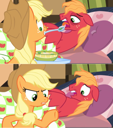 Size: 1600x1806 | Tagged: safe, edit, edited screencap, screencap, character:applejack, episode:growing up is hard to do, g4, my little pony: friendship is magic, blanket, comic, couch, cushion, feeding, food, open mouth, plate, sad, screencap comic, sick, soup, spoon