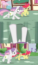 Size: 1600x2688 | Tagged: safe, edit, edited screencap, screencap, character:apple bloom, character:sweetie belle, episode:growing up is hard to do, g4, my little pony: friendship is magic, comic, cutie mark, galloping, hooves, looking down, older, older apple bloom, older cmc, older sweetie belle, saddle bag, screencap comic, smiling, speeding, the cmc's cutie marks