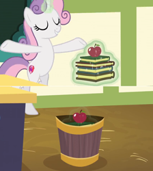 Size: 1600x1788 | Tagged: safe, edit, edited screencap, screencap, character:sweetie belle, episode:growing up is hard to do, g4, my little pony: friendship is magic, apple, being big is all it takes, book, chalkboard, comic, dropping, female, food, levitation, magic, older, older sweetie belle, open arms, screencap comic, solo, stack, telekinesis, trash, trash can