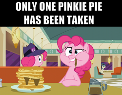 Size: 1280x1000 | Tagged: safe, edit, edited screencap, screencap, character:pinkie pie, species:earth pony, species:pony, episode:the last problem, episode:the saddle row review, g4, my little pony: friendship is magic, clone, food, lucky breaks, pancakes, pinkie clone, text