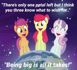 Size: 1024x929 | Tagged: safe, edit, edited screencap, screencap, character:apple bloom, character:scootaloo, character:sweetie belle, species:pegasus, species:pony, episode:growing up is hard to do, g4, my little pony: friendship is magic, being big is all it takes, cropped, giant pony, macro, older, older apple bloom, older cmc, older scootaloo, older sweetie belle, pony bigger than a planet