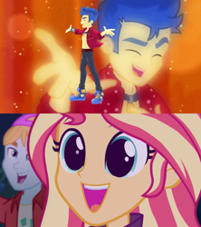 Size: 800x900 | Tagged: safe, edit, edited screencap, screencap, character:flash sentry, character:sunset shimmer, ship:flashimmer, episode:cheer you on, equestria girls:sunset's backstage pass, g4, my little pony: equestria girls, my little pony:equestria girls, spoiler:eqg series (season 2), armband, backstage pass, beautiful, blue sneakers, close-up, clothing, converse, cute, diasentres, excited, eye reflection, eyes closed, female, fry lilac, happy, jewelry, male, necklace, open clothes, open shirt, reflection, shimmerbetes, shipping, shoes, singing, smiling, sneakers, sparkly back, straight, template, wide eyes