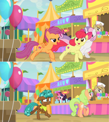 Size: 1600x1782 | Tagged: safe, edit, edited screencap, screencap, character:apple bloom, character:jeff letrotski, character:scootaloo, character:spur, character:sweetie belle, species:pegasus, species:pony, episode:growing up is hard to do, g4, my little pony: friendship is magic, balloon, candy, comic, cup, cutie mark, floral pattern, food, food stand, galloping, glass, jiffy bake, lollipop, neckerchief, older, older apple bloom, older cmc, older scootaloo, older sweetie belle, pitcher, screencap comic, tent, the cmc's cutie marks, vendor, worried
