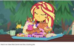 Size: 887x554 | Tagged: safe, edit, screencap, character:sunset shimmer, episode:wake up!, g4, my little pony: equestria girls, my little pony:equestria girls, spoiler:choose your own ending (season 2), spoiler:eqg series (season 2), :t, bread, cake, candy, cinnamon bun, croissant, eyes closed, food, frosting, jelly beans, mug, pastry, picnic table, stuffing, sweets, table, this will end in diabetes, this will end in tummy aches, this will end in weight gain, this will not end well, tray, tree, wake up!: pinkie pie