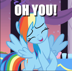 Size: 956x939 | Tagged: safe, edit, edited screencap, screencap, character:rainbow dash, species:pony, episode:rarity investigates, g4, my little pony: friendship is magic, caption, cropped, cute, dashabetes, female, image macro, mare, oh you, solo, text
